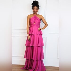 High Neck Tiered Ruffle Shimmer Maxi Dress | Pink/Magenta